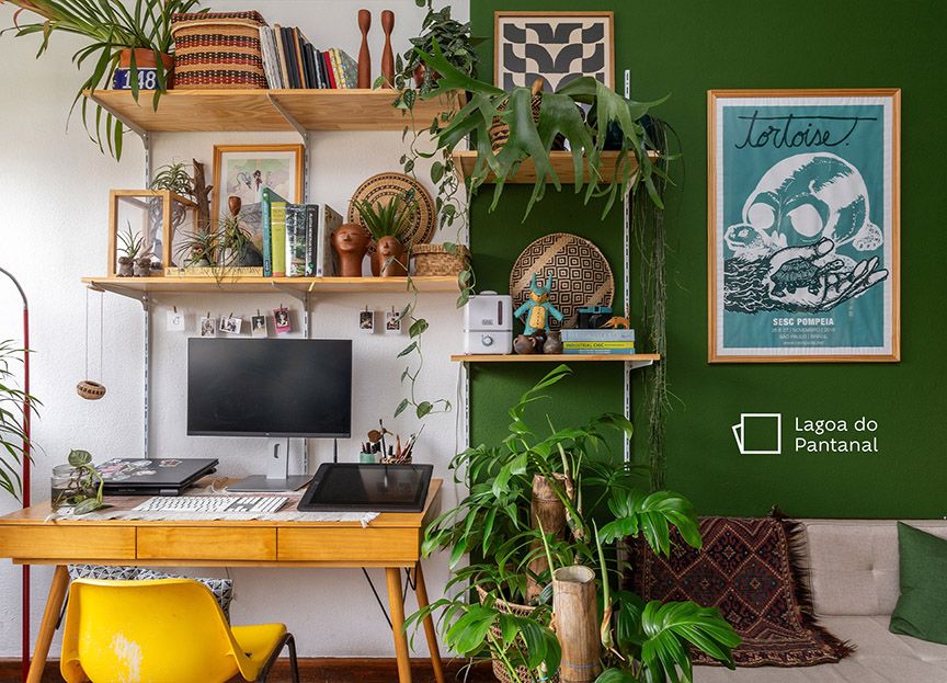 ambiente de trabalho na cor plantação de hortaliças suvinil Atmosfera tranquila e de concentração na cor Plantação de Hortaliças da Suvinil