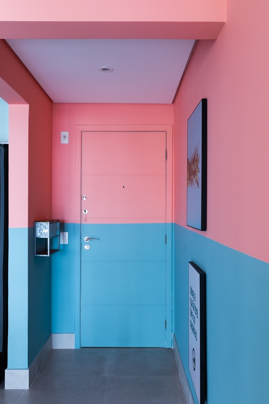 Hall de entrada com porta colorida nas cores Promenade e Rio Danúbio Suvinil | Dois quadros na parede | Foto de Lufe Gomes