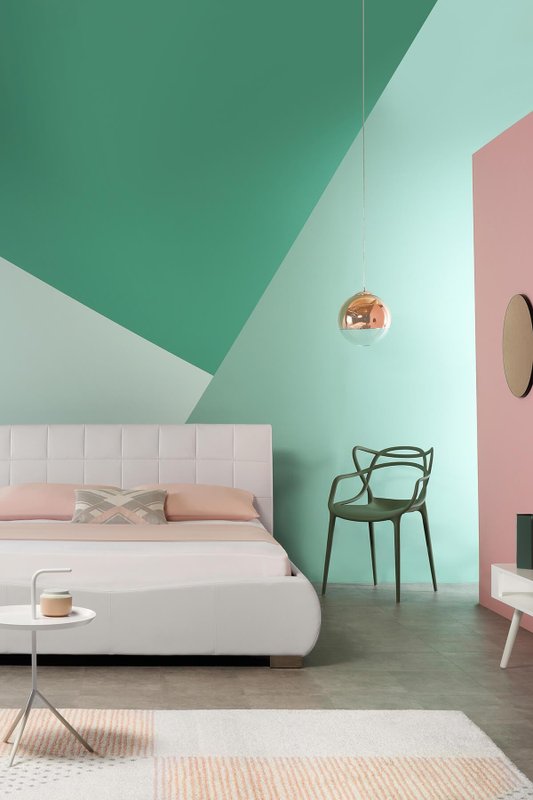 Parede da sala com Triângulos e suas infinitas possibilidades nas cores Verde-campestre, Equilíbrio e Limonada Suíça Suvinil