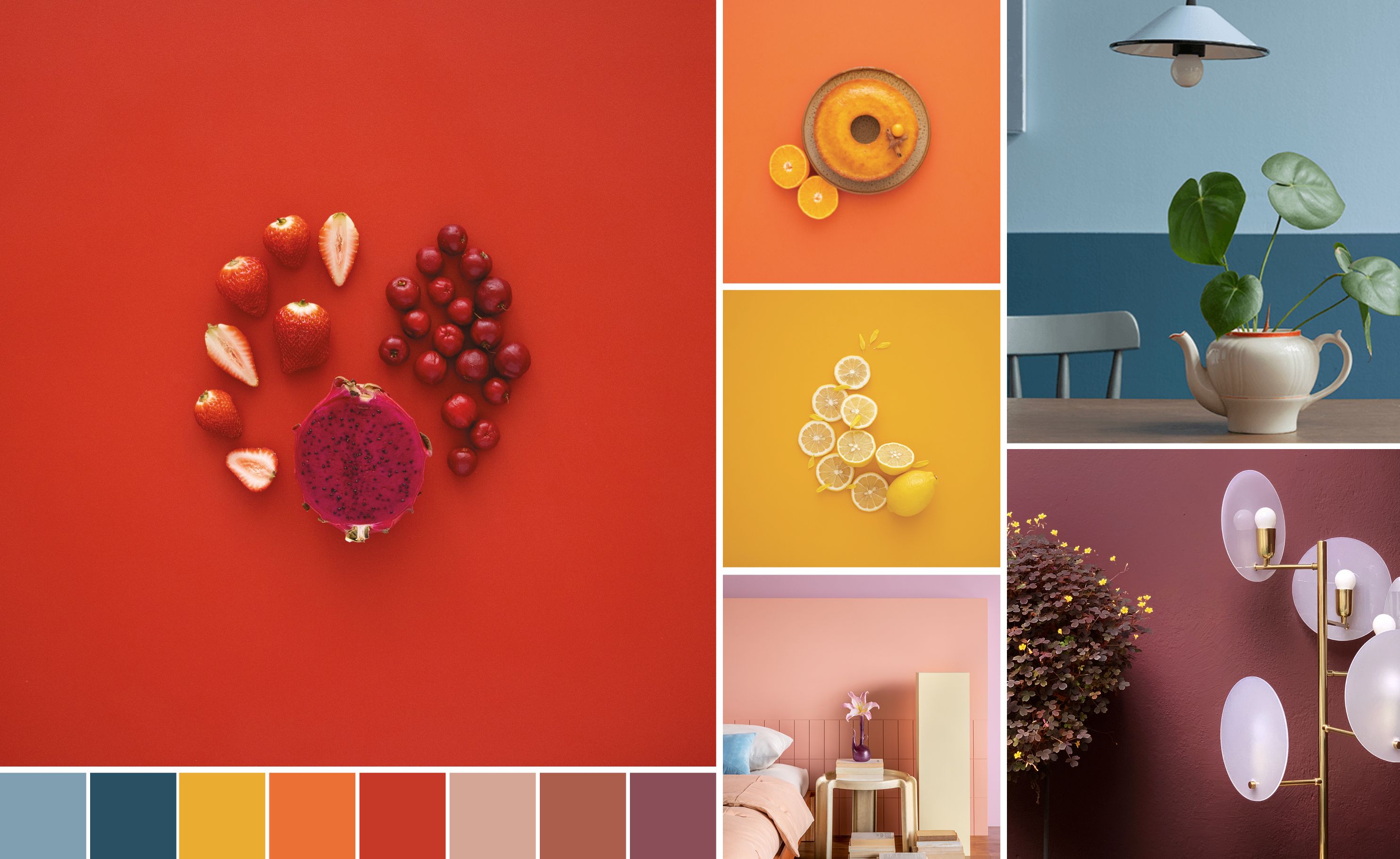 Tons de laranja, vermelho e roxo dispostos com elementos que definem suas cores.