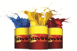 Ilustração de três latas de tintas da Suvinil, lado a lado, nas cores azul, amarelo e vermelho.